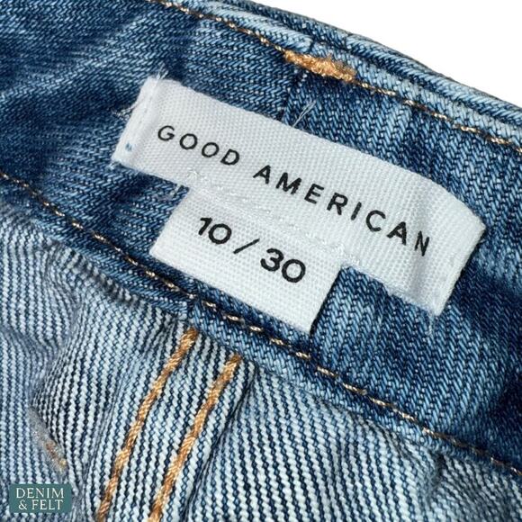 Good American Good ’90s Bermuda Denim Shorts Raw Hem Distressed Indigo Size 10 - Picture 10 of 12